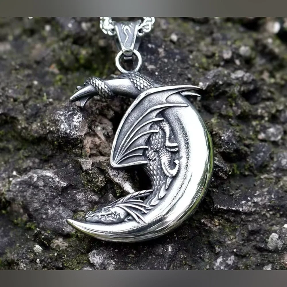 925 Sterling Silver Dragon Sleeping On Moon NO FADE Necklace Viking Biker Goth